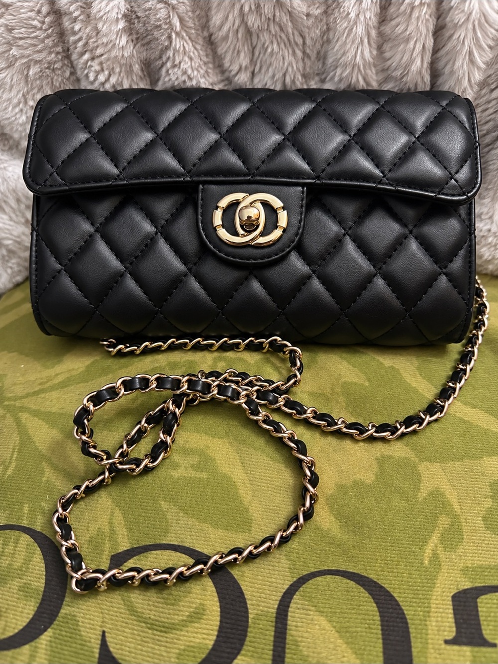 Black Quilted Chain Shoulder Bag with Gold Hardware